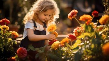 pequeño niña jardinería con paisaje lleno de flores en calentar soleado día. familia actividad. jardinería y agricultura concepto foto