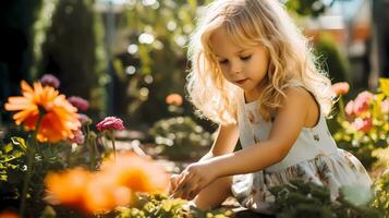 pequeño niña jardinería con paisaje lleno de flores en calentar soleado día. familia actividad. jardinería y agricultura concepto foto