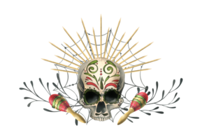 humano cráneo con un ornamento, en un dorado corona con rayos, con telarañas y maracas mano dibujado acuarela ilustración para día de el muerto, Víspera de Todos los Santos, dia Delaware los muertos. png