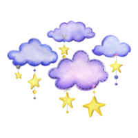 A cute stitched yellow hanging stars, dots, clouds. Watercolor illustration, hand drawn png