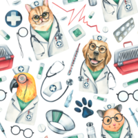 veterinär doktorer hamster, hund, katt, papegoja, sällskapsdjur bärare, mediciner. vattenfärg illustration, hand dragen sömlös mönster png