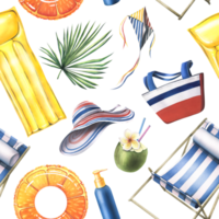 Beach, summer, tropical vacation with palm leaves, deck chair, bag, hat, sun creams, inflatable toys. Watercolor illustration, hand drawn. Seamless pattern png