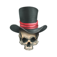 A human skull without a lower jaw in a black top hat with a red ribbon. Hand drawn watercolor illustration for day of the dead, halloween, Dia de los muertos. Isolated object png