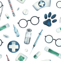 veterinär medicinsk instrument, mediciner, blå korsa. vattenfärg illustration, hand ritade. sömlös mönster för tapet, förpackning, tyg, kläder png