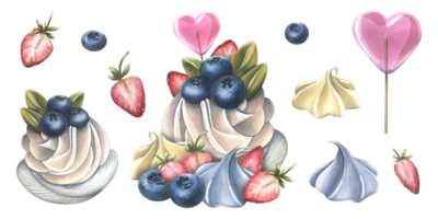 Anna Pavlova cake with meringue and cream, strawberries, blueberries and a heart-shaped lollipop. Watercolor illustration hand drawn. Set of isolated elements. png