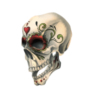 Human skull profile with a painted ornament is evil, terrible, spooky. Hand drawn watercolor illustration for day of the dead, halloween, Dia de los muertos. Isolated object png