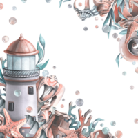 A marine lighthouse with algae, corals, shells and a starfish. Watercolor illustration. Templates from the collection of WHALES. For the design and decoration of prints, posters, stickers, postcards. png