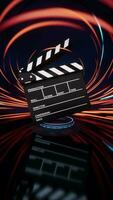 Clapper board with spin lines effect background, 3d rendering. video