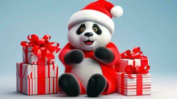 Panda in Santa Hat Beside Gift Box - Merry Christmas - Generative AI photo