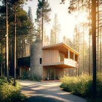 A modern home nestled in a lush forest Generative AI photo