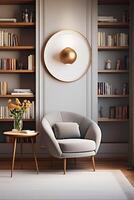 A chair and a table in front of bookshelves. photo