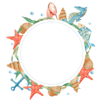 Sea circle frame, cute fish, seaweeds, seashells, red starfish, nautical anchor, orange net and water bubbles. Marine design. Watercolor hand drawn illustration. For cards, logos, marine design. png
