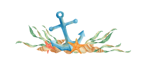 Underwater garland composition of seaweeds, red starfish, seashells and blue nautical anchor. Watercolor marine illustration. For cards, menu, marine beach design. png