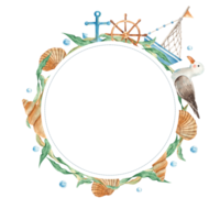 Sea circle frame, cute watercolor ship, boat, wooden steering wheel, seagull, seashells, nautical anchor, seaweeds and water bubbles. Marine design. Watercolor hand drawn illustration. For cards. png