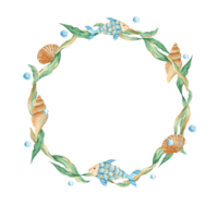 Sea wreath, cute fish, seaweeds, seashells and water bubbles. Marine design. Watercolor hand drawn illustration. For cards, logos, marine design. png