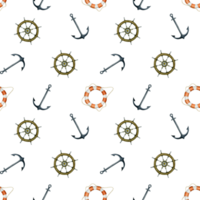 Steel anchors, steering wheels and lifebuoy watercolor seamless pattern illustration for nautical wrapping paper, boys clothes, kids textiles in adventure and travel style png