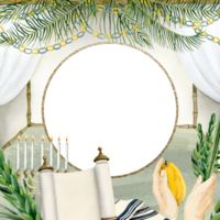 sukkah festlig hälsning ram vattenfärg illustration med handflatan löv, vinka lulav, etrog, fyra arter, tallit, menora och torah skrolla för jewish sukkot Semester png