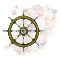 Nautical ship steering wheel with underwater bubbles watercolor illustration. Marine decorative travel element png