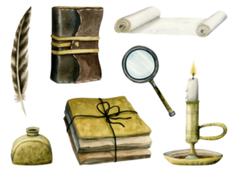 Watercolor vintage writer poetry illustration set with books, travel journals, burning candle, paper scroll, magnifying glass, sand hourglass and ink pen hand drawn clipart png
