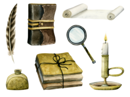 aquarelle ancien écrivain poésie illustration ensemble avec livres, Voyage revues, brûlant bougie, papier faire défiler, grossissant verre, le sable Sablier et encre stylo main tiré clipart png