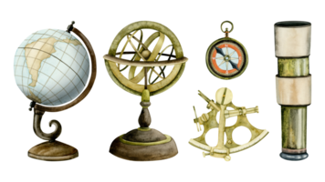 Sea nautical navigation instruments and devices watercolor illustration set with astrolabe, globe, sextant, compass and spyglass for travel and adventures designs png