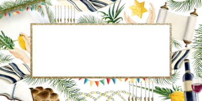 Jewish Sukkot horizontal frame illustration. Rectangular greeting template with sukkah, Etrog, four species, menorah, tallit and Torah scroll png