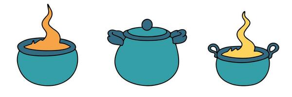 Set of Halloween cauldrons. Cauldron colored outline. Vector illustration.