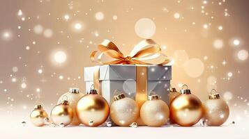 Glamorous Gift Box with Golden Ribbon and Christmas Accents - Generative AI photo