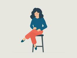 Confident woman sitting on a long chair and wait for her order. Cheerful female sits on the bar stool with crossed legs position. Charisma concept. Vector illustration