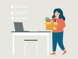 Happy employee holds a big box with her stuff. Woman feels happy because of her new job position. Female worker promoted at work and goes to her new office. Business start up and career concept. vector