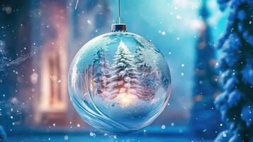Christmas Ball Ornament Among Snow-Covered Evergreens - Generative AI photo