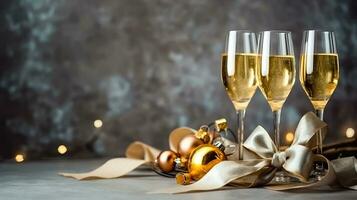 Navidad salud - champán lentes con festivo decoración en el antecedentes - generativo ai foto