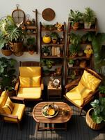 un habitación con plantas en estantería y un silla. generativo ai foto