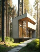 A modern home nestled in a lush forest Generative AI photo