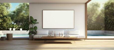 Minimal a blank picture frame in a large modern living space with a wooden floor photo