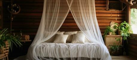 Old style mosquito curtain in a house or hut with a bed adorned with white linen pillows and a mosquito net Antique home decor photo