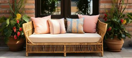 Patio sofa in bohemian style with cushion made of rattan photo