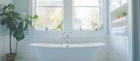 Stylish bathroom features luxurious bathtub photo