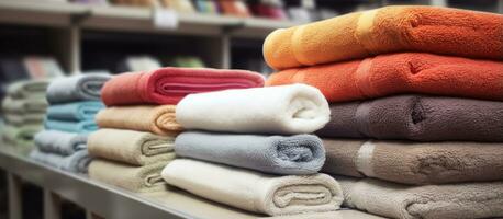 Numerous rolled towels available in housewares store photo