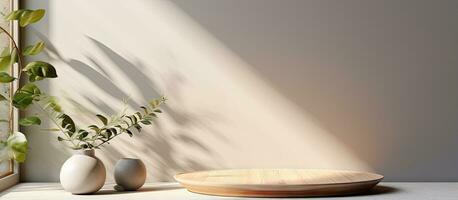 home display on wooden floor with plaster background glass vase Bright product promotion pedestal with shadow Natural showcase rendering photo