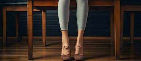 Empty space on a wooden desk for your decoration with a woman s legs in socks photo