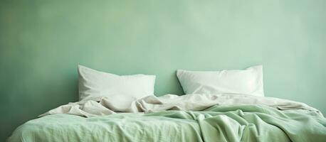 Morning light illuminates linen green bedclothes photo