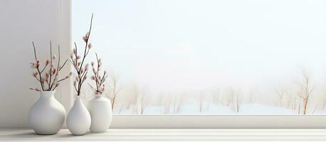 Minimalist white room with vases on wooden floor decor on large wall and white landscape seen through window Nordic style home interior in photo