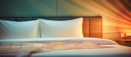 Blurry abstract interior of a hotel bedroom for background usage photo