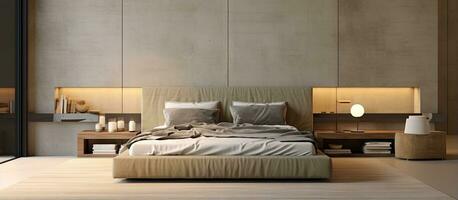 Contemporary room s trendy interior with cozy bed photo