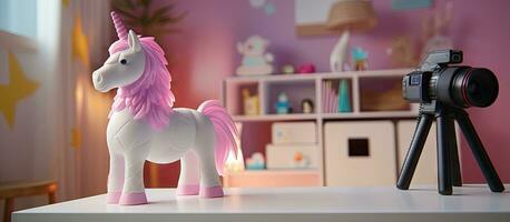 A wooden camera toy and a LED light in the shape of a pink unicorn on a table in a child s playroom photo