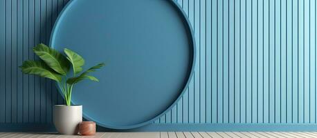 a room with blue wooden wall paneling circle decoration plant and lamp photo
