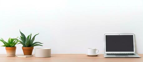 White table with laptop notebook coffee cup and potted plant photo