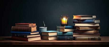 Assorted books and supplies arranged on table with clutter and cups next to lamp in dim area photo