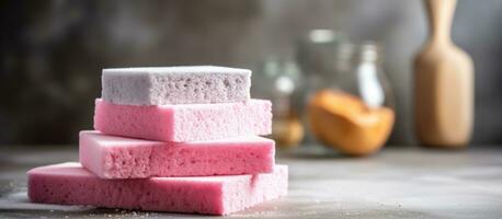 Kitchen interior with pink dishwashing sponge and gray drying rag Concept of washing dishes photo